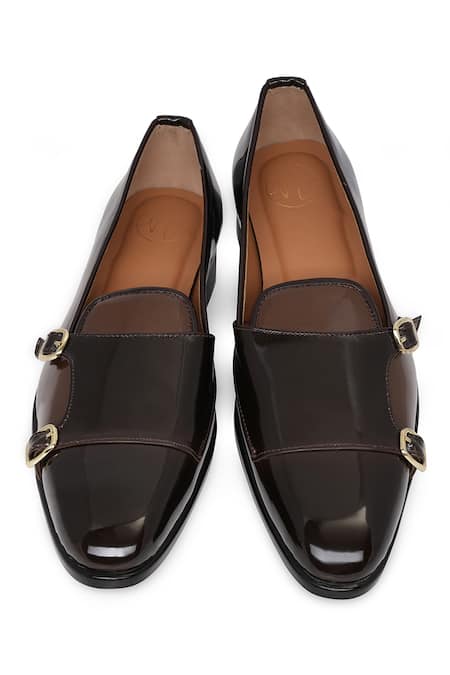 Buy_NR By Nidhi Rathi_Brown Buckles Patent Monk Shoes