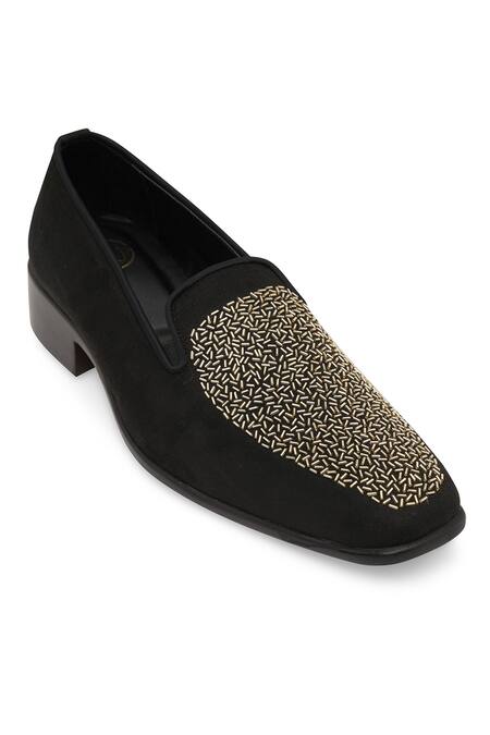 Shop_NR By Nidhi Rathi_Black Embroidery Colourblocked Suede Mid-top Derbys _Online_at_Aza_Fashions