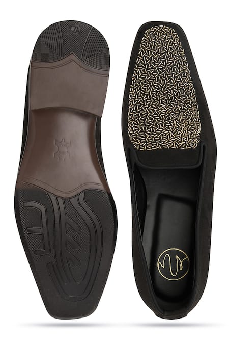 Shop_NR By Nidhi Rathi_Black Embroidery Colourblocked Suede Mid-top Derbys _at_Aza_Fashions