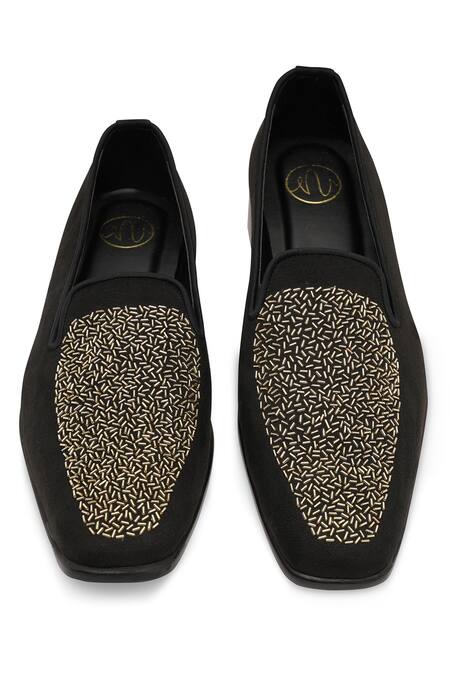 NR By Nidhi Rathi_Black Embroidery Colourblocked Suede Mid-top Derbys _at_Aza_Fashions