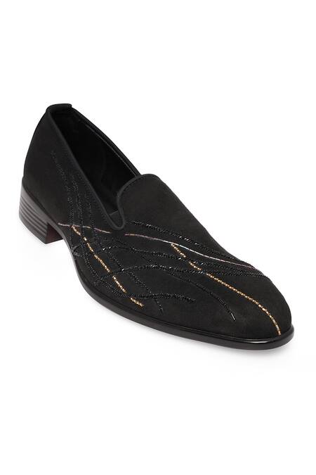Buy_NR By Nidhi Rathi_Black Embroidery Colourblocked Suede Slip-on Derbys _Online_at_Aza_Fashions