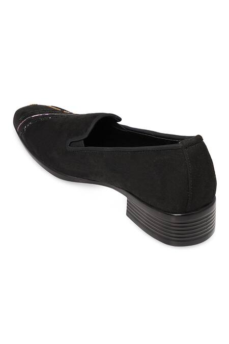 Shop_NR By Nidhi Rathi_Black Embroidery Colourblocked Suede Slip-on Derbys _Online_at_Aza_Fashions
