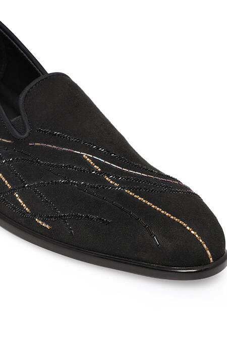 NR By Nidhi Rathi_Black Embroidery Colourblocked Suede Slip-on Derbys _at_Aza_Fashions
