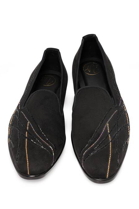 Buy_NR By Nidhi Rathi_Black Embroidery Colourblocked Suede Slip-on Derbys 