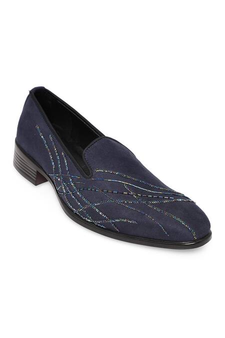 Shop_NR By Nidhi Rathi_Blue Textured Suede Slip-on Derbys _Online_at_Aza_Fashions