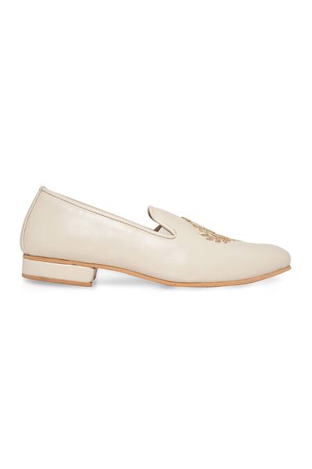 Buy_NR By Nidhi Rathi_White And Gold Embroidered Slip-on Derbys _Online_at_Aza_Fashions