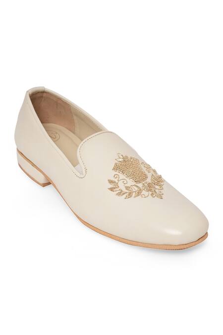 Shop_NR By Nidhi Rathi_White And Gold Embroidered Slip-on Derbys _Online_at_Aza_Fashions