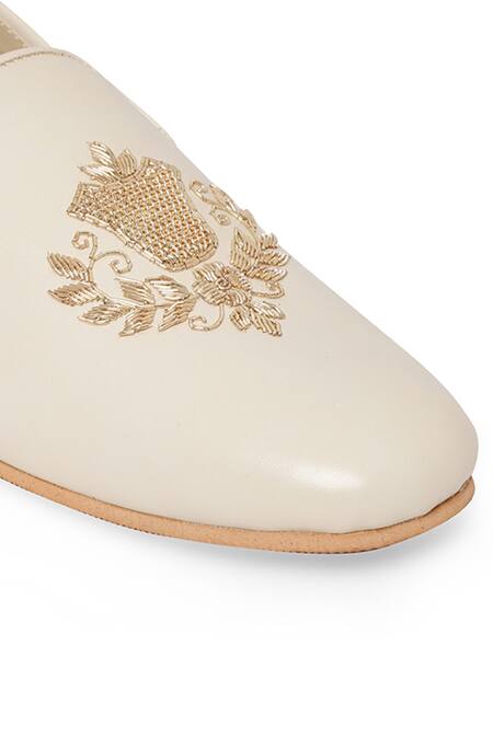 Buy NR By Nidhi Rathi White And Gold Embroidered Slip-on Derbys Buy_NR By Nidhi Rathi_White And Gold Embroidered Slip-on Derbys