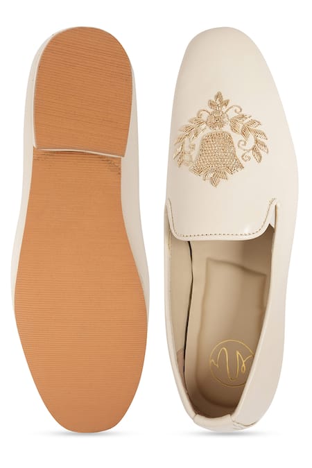 NR By Nidhi Rathi White & Gold Embroidered Slip-On Derbys 