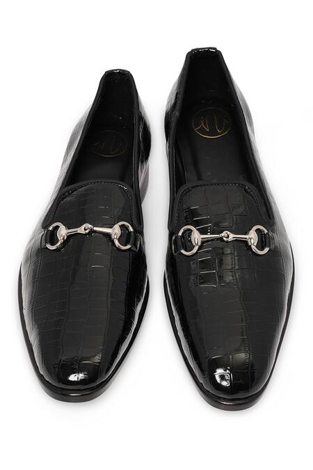 NR By Nidhi Rathi_Black Buckles Gloss Patent Slip-on Monks _at_Aza_Fashions