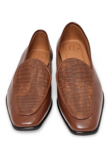 Buy_NR By Nidhi Rathi_Tan Textured Patent Slip-on Loafers