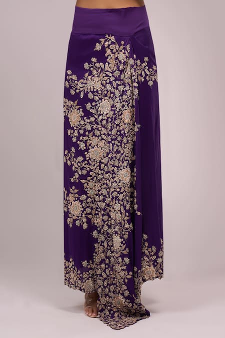 Anamika Khanna_Purple Embroidery Round Neck Draped Skirt Set _at_Aza_Fashions