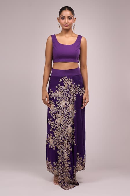 Shop_Anamika Khanna_Purple Embroidery Round Neck Draped Skirt Set 