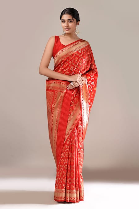 Buy_Samyukta Singhania_Red Jaal Weave Banarasi Silk Saree With Running Blouse _Online_at_Aza_Fashions