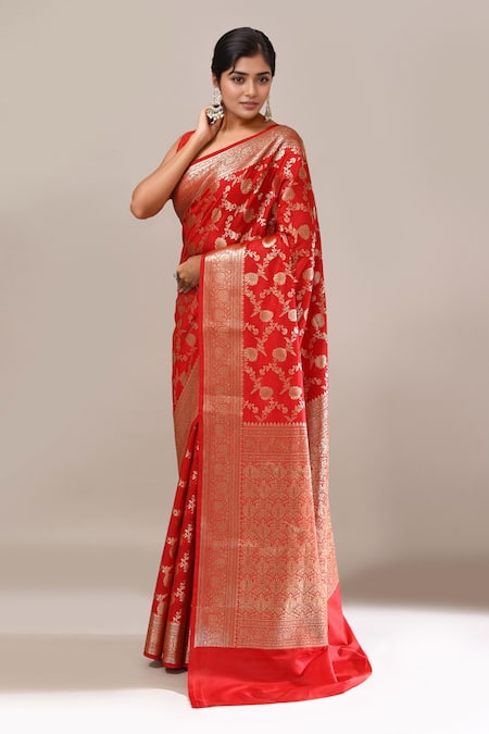 Naintara Bajaj Red Silk Flower Banarasi Woven Saree With Running Blouse Online at Aza Fashions Naintara Bajaj_Red Silk Flower Banarasi Woven Saree With Running Blouse _Online_at_Aza_Fashions