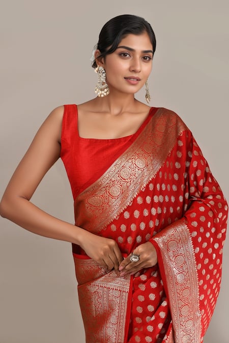 Naintara Bajaj Red Zari Banarasi Silk Butti Brocade Saree With Running Blouse Online at Aza Fashions Naintara Bajaj_Red Zari Banarasi Silk Butti Brocade Saree With Running Blouse _Online_at_Aza_Fashions