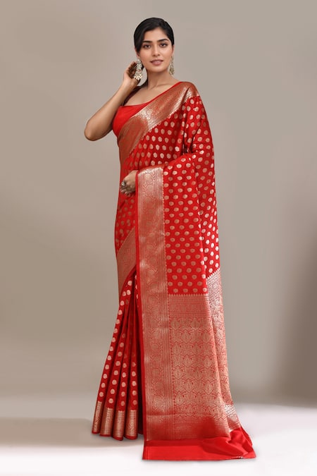 Shop Naintara Bajaj Red Zari Banarasi Silk Butti Brocade Saree With Running Blouse Online at Aza Fashions Shop_Naintara Bajaj_Red Zari Banarasi Silk Butti Brocade Saree With Running Blouse _Online_at_Aza_Fashions