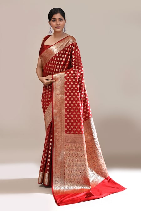 Buy_Naintara Bajaj_Maroon Zari Banarasi Silk Butti Brocade Saree With Running Blouse _Online_at_Aza_Fashions