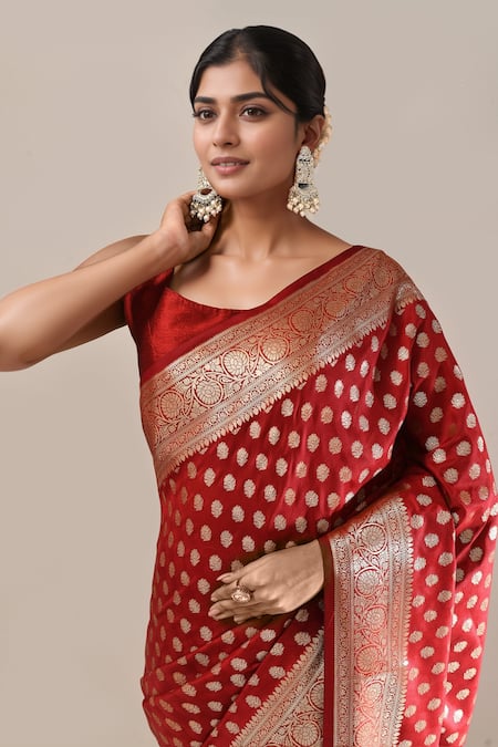 Shop_Naintara Bajaj_Maroon Zari Banarasi Silk Butti Brocade Saree With Running Blouse _Online_at_Aza_Fashions
