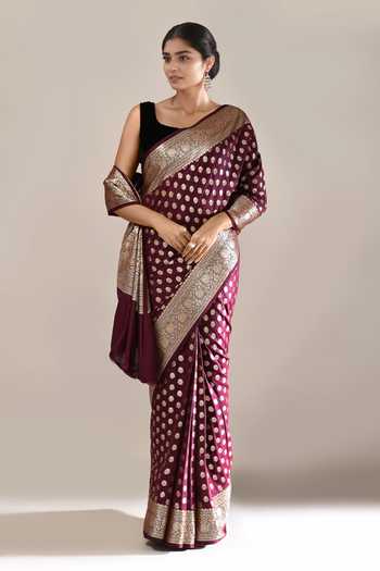 Khwaab By Sanjana Lakhani_Wine Zari Banarasi Silk Butti Brocade Saree With Running Blouse _Online_at_Aza_Fashions
