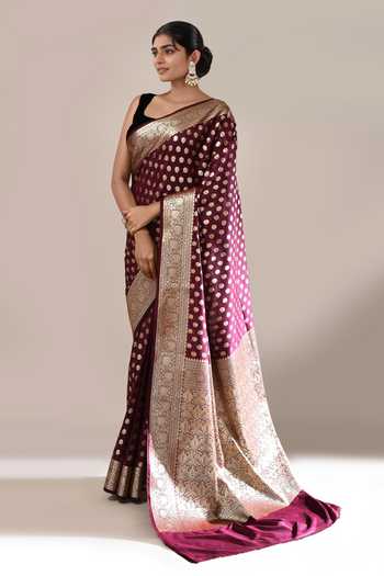Buy_Khwaab By Sanjana Lakhani_Wine Zari Banarasi Silk Butti Brocade Saree With Running Blouse _Online_at_Aza_Fashions