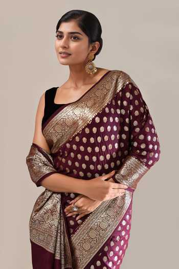 Shop_Khwaab By Sanjana Lakhani_Wine Zari Banarasi Silk Butti Brocade Saree With Running Blouse _Online_at_Aza_Fashions