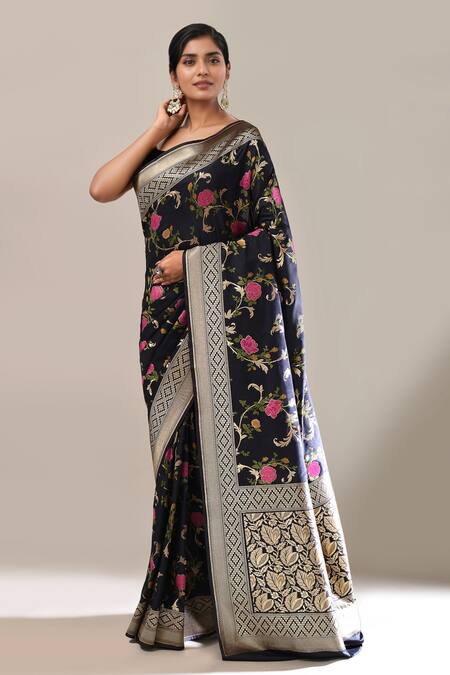 Buy_Samyukta Singhania_Navy Flower Weave Banarasi Silk Saree With Running Blouse _Online_at_Aza_Fashions