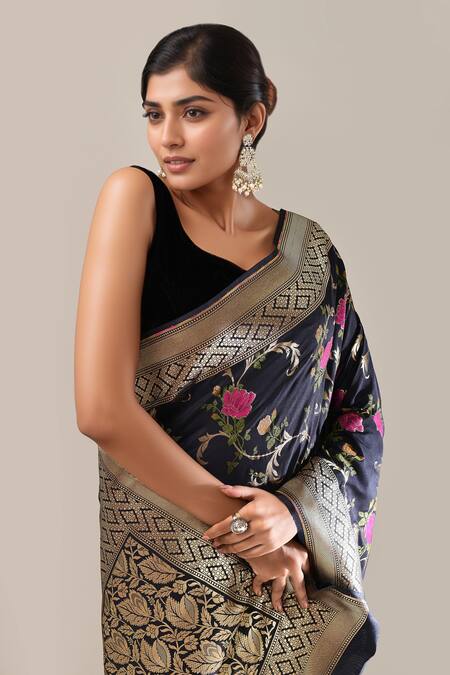 Shop_Samyukta Singhania_Navy Flower Weave Banarasi Silk Saree With Running Blouse _Online_at_Aza_Fashions