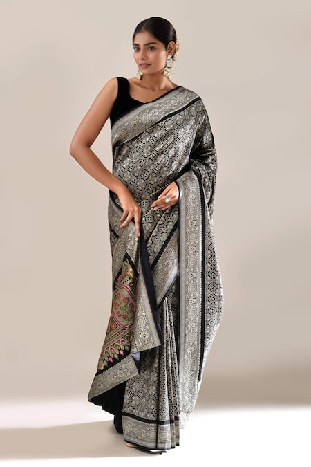 Shop_Samyukta Singhania_Black Silk Banarasi Woven Saree With Running Blouse _Online_at_Aza_Fashions