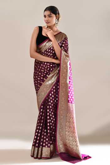 Khwaab By Sanjana Lakhani Wine Embroidery Banarasi Silk Butti Brocade Saree With Running Blouse Online at Aza Fashions Khwaab By Sanjana Lakhani_Wine Embroidery Banarasi Silk Butti Brocade Saree With Running Blouse _Online_at_Aza_Fashions