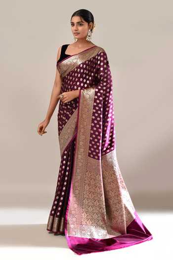 Buy Khwaab By Sanjana Lakhani Wine Embroidery Banarasi Silk Butti Brocade Saree With Running Blouse Online at Aza Fashions Buy_Khwaab By Sanjana Lakhani_Wine Embroidery Banarasi Silk Butti Brocade Saree With Running Blouse _Online_at_Aza_Fashions