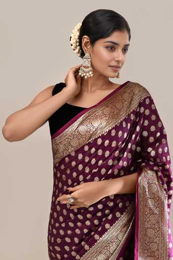 Khwaab By Sanjana Lakhani Wine Embroidery Banarasi Silk Butti Brocade Saree With Running Blouse at Aza Fashions Khwaab By Sanjana Lakhani_Wine Embroidery Banarasi Silk Butti Brocade Saree With Running Blouse _at_Aza_Fashions