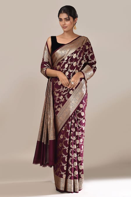 Naintara Bajaj_Wine Zari Weave Banarasi Silk Saree With Running Blouse _Online_at_Aza_Fashions