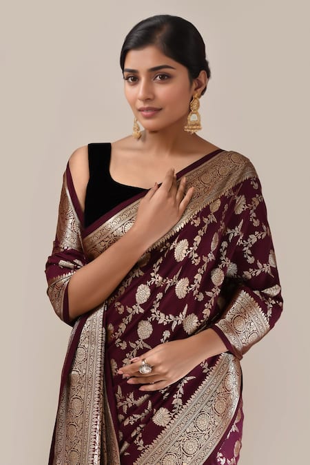 Buy_Naintara Bajaj_Wine Zari Weave Banarasi Silk Saree With Running Blouse _Online_at_Aza_Fashions