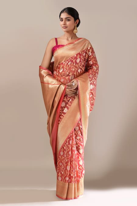 Buy_Samyukta Singhania_Peach Flower Weave Banarasi Silk Saree With Running Blouse _Online_at_Aza_Fashions