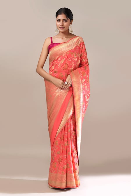 Samyukta Singhania Peach Flower Weave Banarasi Silk Saree With Running Blouse Online at Aza Fashions Samyukta Singhania_Peach Flower Weave Banarasi Silk Saree With Running Blouse _Online_at_Aza_Fashions
