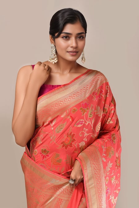 Buy Samyukta Singhania Peach Flower Weave Banarasi Silk Saree With Running Blouse Online at Aza Fashions Buy_Samyukta Singhania_Peach Flower Weave Banarasi Silk Saree With Running Blouse _Online_at_Aza_Fashions