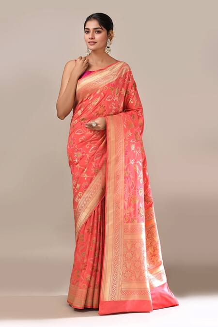 Shop Samyukta Singhania Peach Flower Weave Banarasi Silk Saree With Running Blouse Online at Aza Fashions Shop_Samyukta Singhania_Peach Flower Weave Banarasi Silk Saree With Running Blouse _Online_at_Aza_Fashions