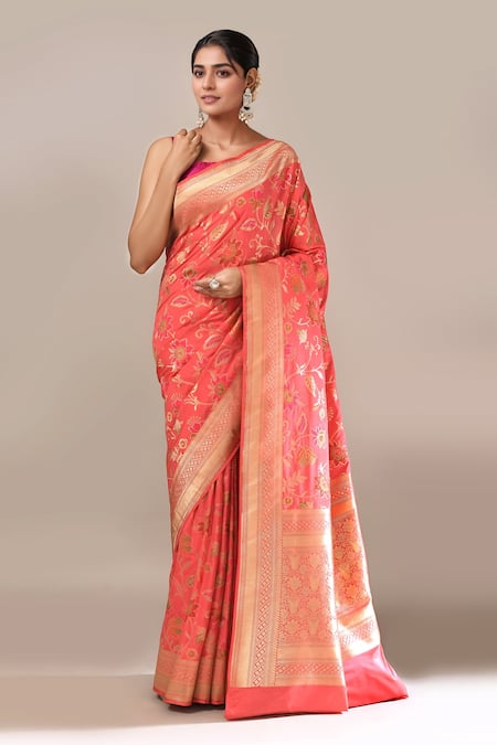 Samyukta Singhania Peach Flower Weave Banarasi Silk Saree With Running Blouse at Aza Fashions Samyukta Singhania_Peach Flower Weave Banarasi Silk Saree With Running Blouse _at_Aza_Fashions