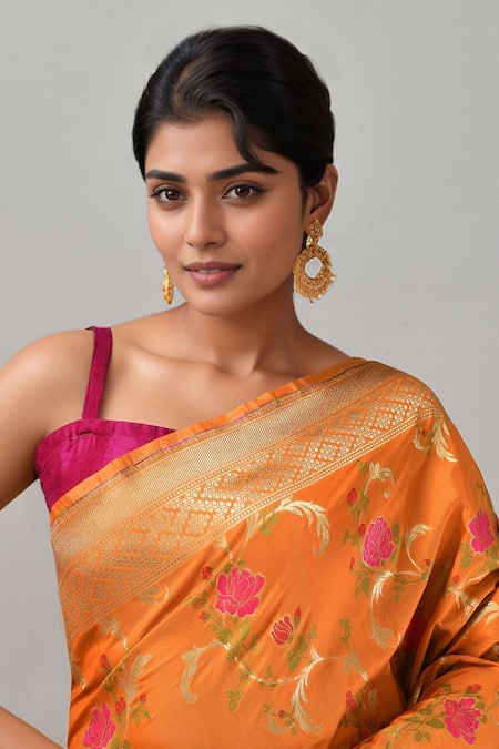 Samyukta Singhania Orange Flower Weave Banarasi Silk Saree With Running Blouse Online at Aza Fashions Samyukta Singhania_Orange Flower Weave Banarasi Silk Saree With Running Blouse _Online_at_Aza_Fashions