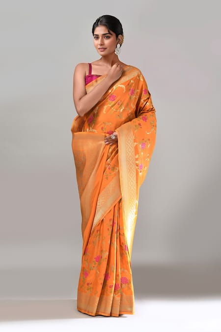 Buy Samyukta Singhania Orange Flower Weave Banarasi Silk Saree With Running Blouse Online at Aza Fashions Buy_Samyukta Singhania_Orange Flower Weave Banarasi Silk Saree With Running Blouse _Online_at_Aza_Fashions