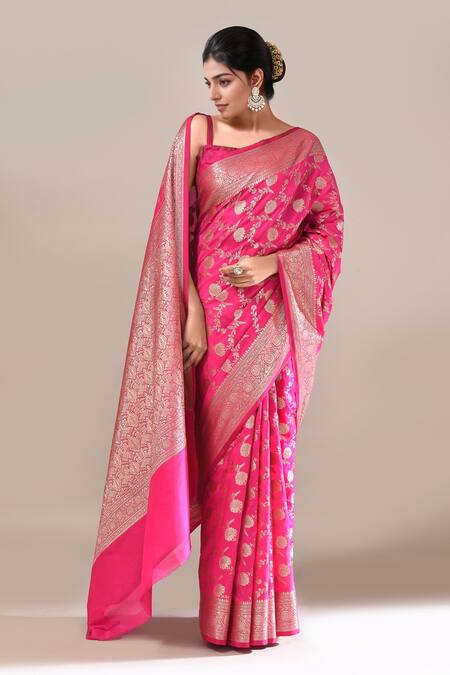 Buy_Naintara Bajaj_Pink Flower Weave Banarasi Silk Saree With Running Blouse _Online_at_Aza_Fashions