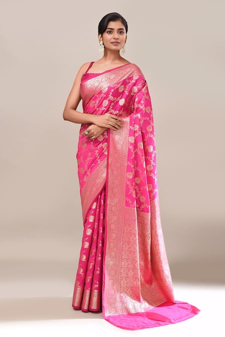 Naintara Bajaj_Pink Flower Weave Banarasi Silk Saree With Running Blouse _at_Aza_Fashions