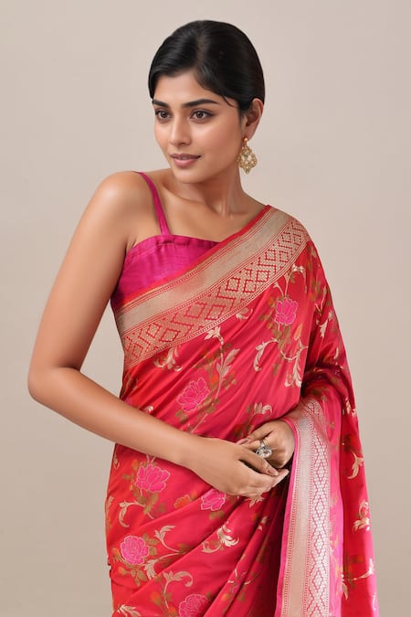 Shop Samyukta Singhania Red Embroidery Flower Weave Banarasi Silk Saree With Running Blouse Online at Aza Fashions Shop_Samyukta Singhania_Red Embroidery Flower Weave Banarasi Silk Saree With Running Blouse _Online_at_Aza_Fashions