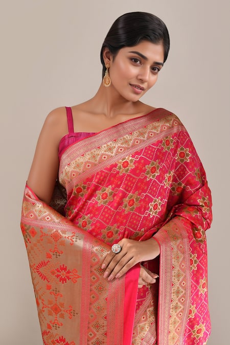 Shop_Samyukta Singhania_Pink Banarasi Silk Patola Weave Saree With Running Blouse _Online_at_Aza_Fashions