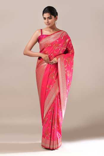 Samyukta Singhania_Pink Zari Flower Weave Banarasi Silk Saree With Running Blouse _Online_at_Aza_Fashions