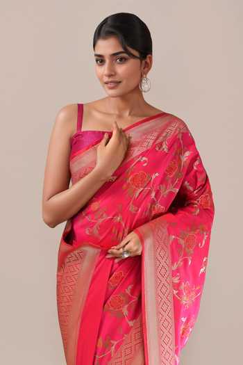 Buy_Samyukta Singhania_Pink Zari Flower Weave Banarasi Silk Saree With Running Blouse _Online_at_Aza_Fashions