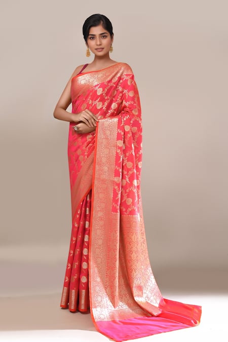 Naintara Bajaj Peach Flower Banarasi Silk Saree With Running Blouse Online at Aza Fashions Naintara Bajaj_Peach Flower Banarasi Silk Saree With Running Blouse _Online_at_Aza_Fashions