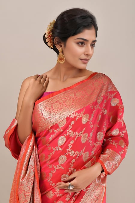 Buy Naintara Bajaj Peach Flower Banarasi Silk Saree With Running Blouse Online at Aza Fashions Buy_Naintara Bajaj_Peach Flower Banarasi Silk Saree With Running Blouse _Online_at_Aza_Fashions