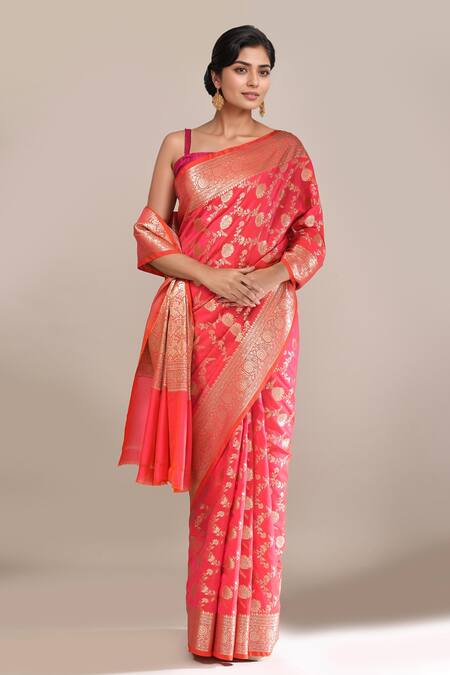 Shop Naintara Bajaj Peach Flower Banarasi Silk Saree With Running Blouse Online at Aza Fashions Shop_Naintara Bajaj_Peach Flower Banarasi Silk Saree With Running Blouse _Online_at_Aza_Fashions
